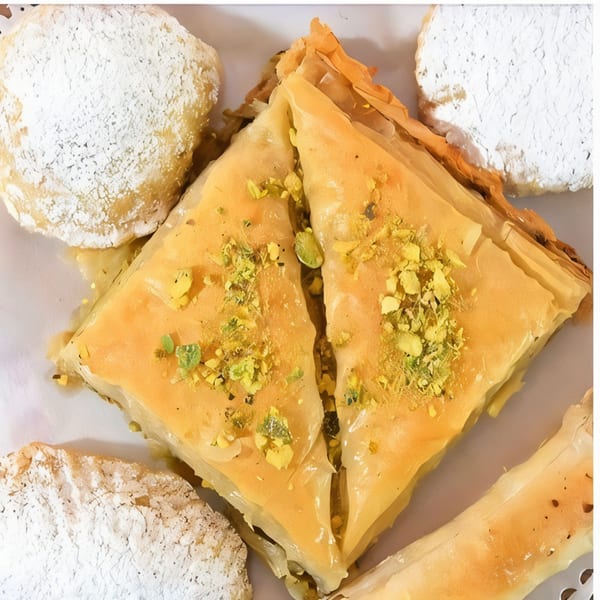 Dalia's Mediterranean baklava triangles with pistachios and powdered sugar cookies.